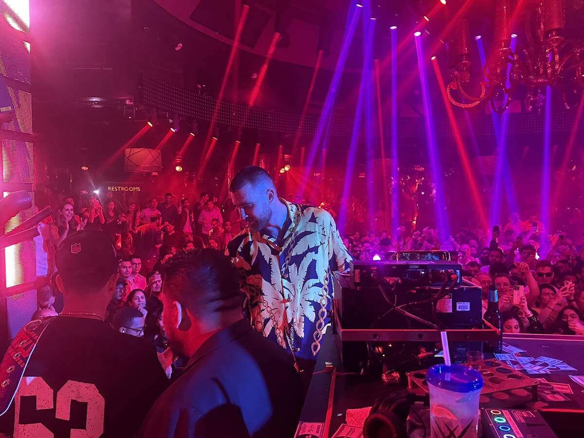 Travis Kelce is shown at XS Nightclub and Encore Beach Club on Saturday, Feb. 24, 2024. (John K ...
