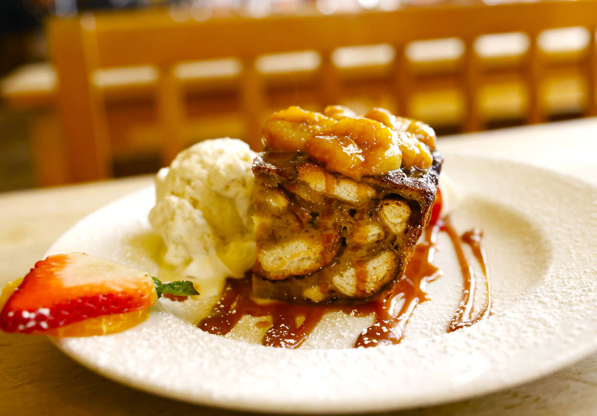 Apfelstrudel, a homemade apple strudel with vanilla sauce, is displayed at Hofbräuhaus Las ...