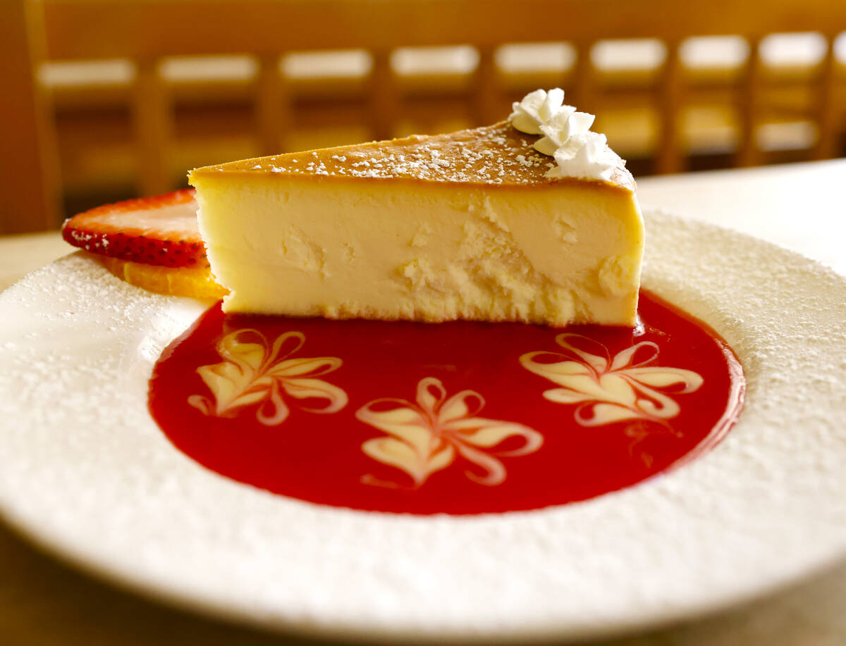Käsekuchen, Bavarian cheesecake with raspberry sauce, is displayed at Hofbräuhaus Las Vegas, ...