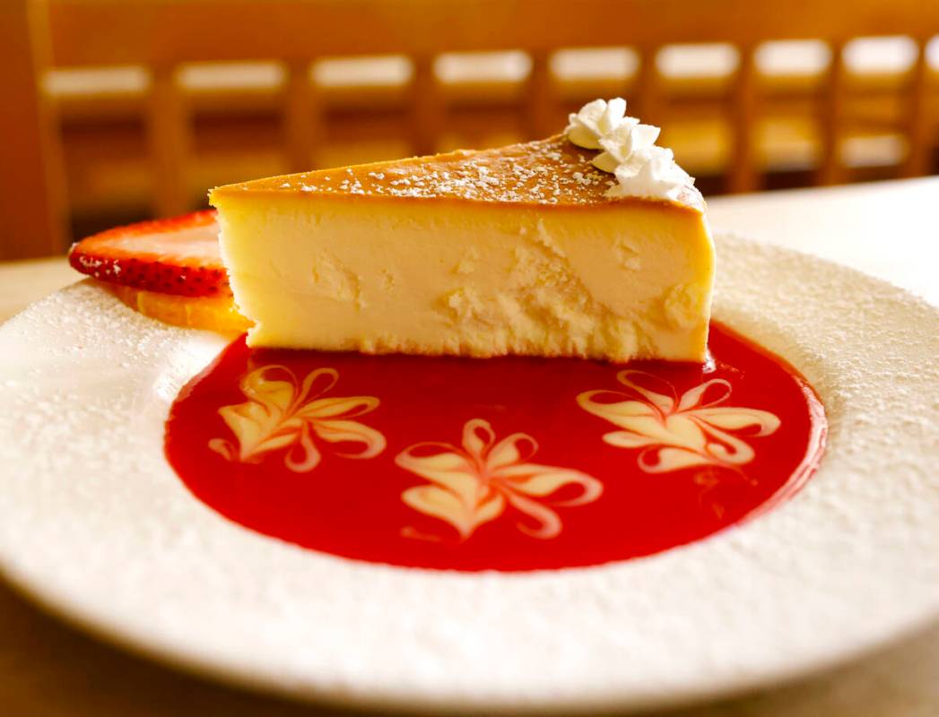 Käsekuchen, Bavarian cheesecake with raspberry sauce, is displayed at Hofbräuhaus Las Vegas, ...