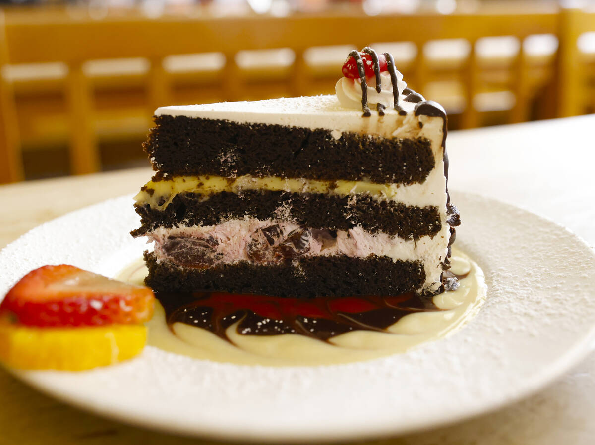Schwarzwälder Kirschtorte, a black forest chocolate cake, is displayed at Hofbräuhaus Las Veg ...