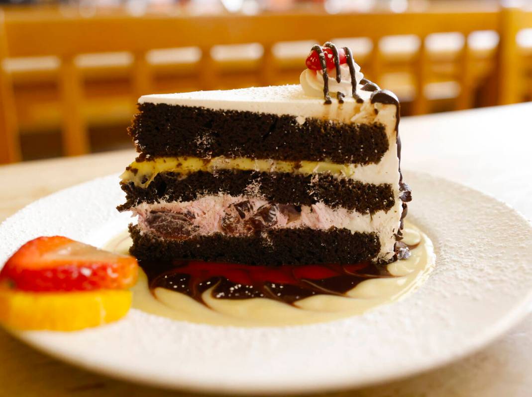 Schwarzwälder Kirschtorte, a black forest chocolate cake, is displayed at Hofbräuhaus Las Veg ...