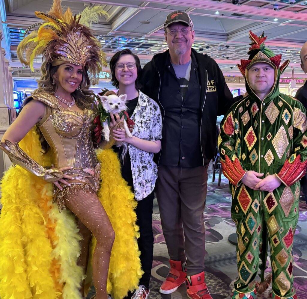 Showgirl Jade Simone, Moxie CrimeFighter Jillette, Penn Jillette and Piff the Magic Dragon are ...