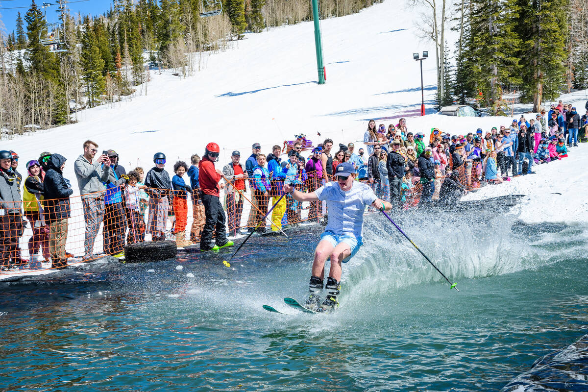 A skier skims a pond at Brian Head Resort. (Mike Saemisch/Brian Head Resort)