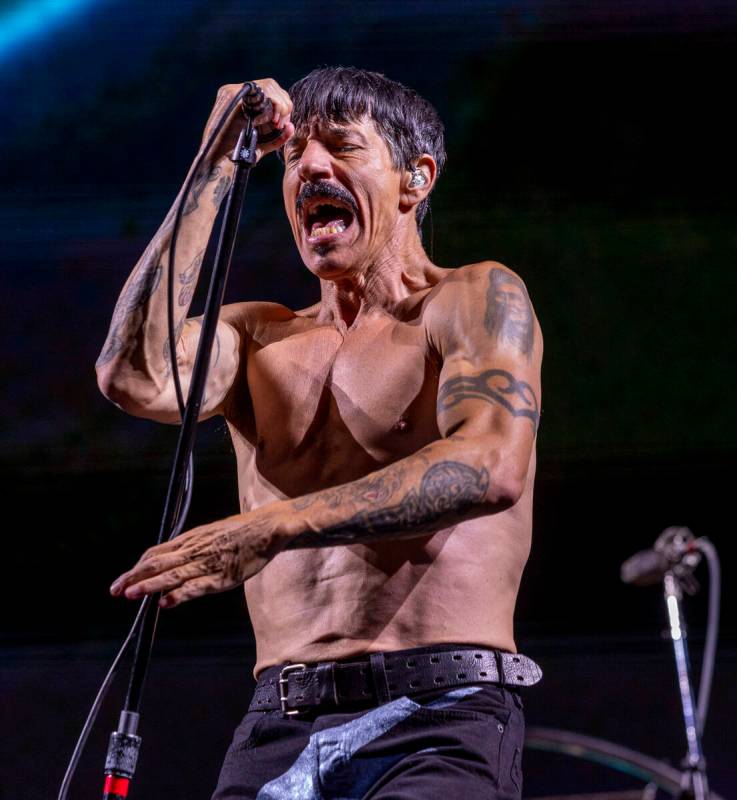 Lead singer Anthony Kiedis performs with The Red Hot Chili Peppers at Allegiant Stadium on Satu ...