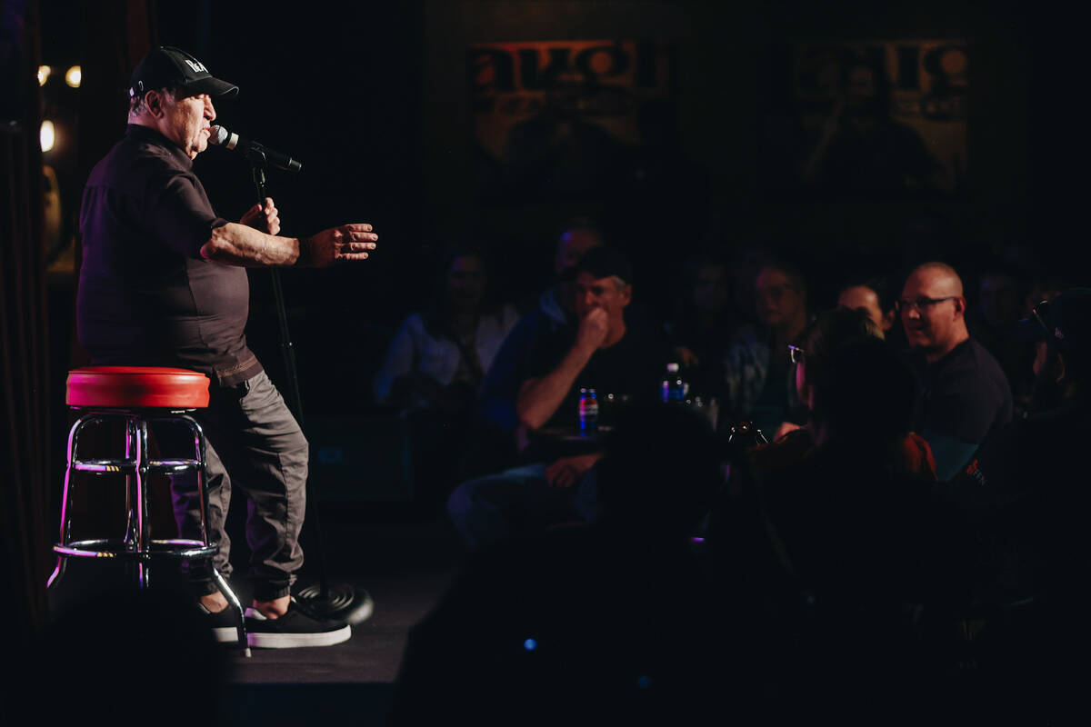 Comedian Dom Irrera speaks to a crowd during “Last Laughs at the Trop” at the Lau ...