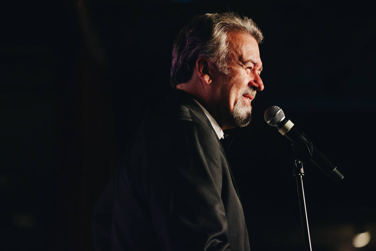 Comedian Mike Saccone speaks to a crowd during “Last Laughs at the Trop” at the L ...