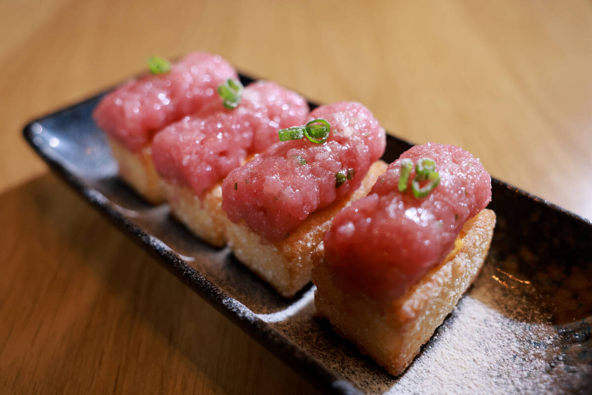 Tuna crispy rice at KYU, an American barbecue restaurant with Asian influences, at Fontaineblea ...