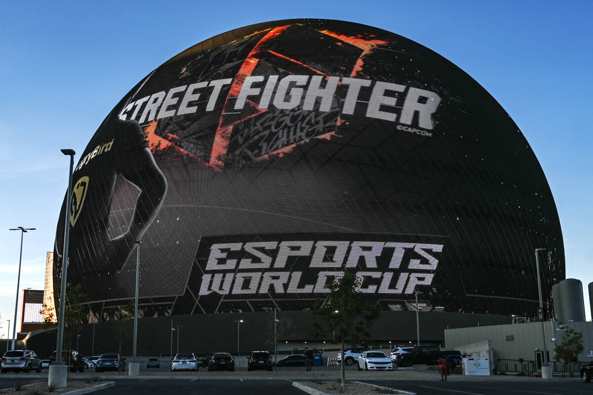 A graphic advertising the upcoming Esports World Cup is seen on the Sphere in Las Vegas Monday, ...