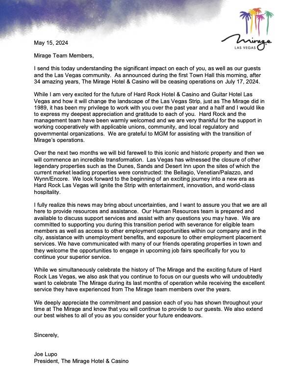 A memo from Mirage president to employees, announcing the hotel's closing July 17, 2024. (Courtesy)