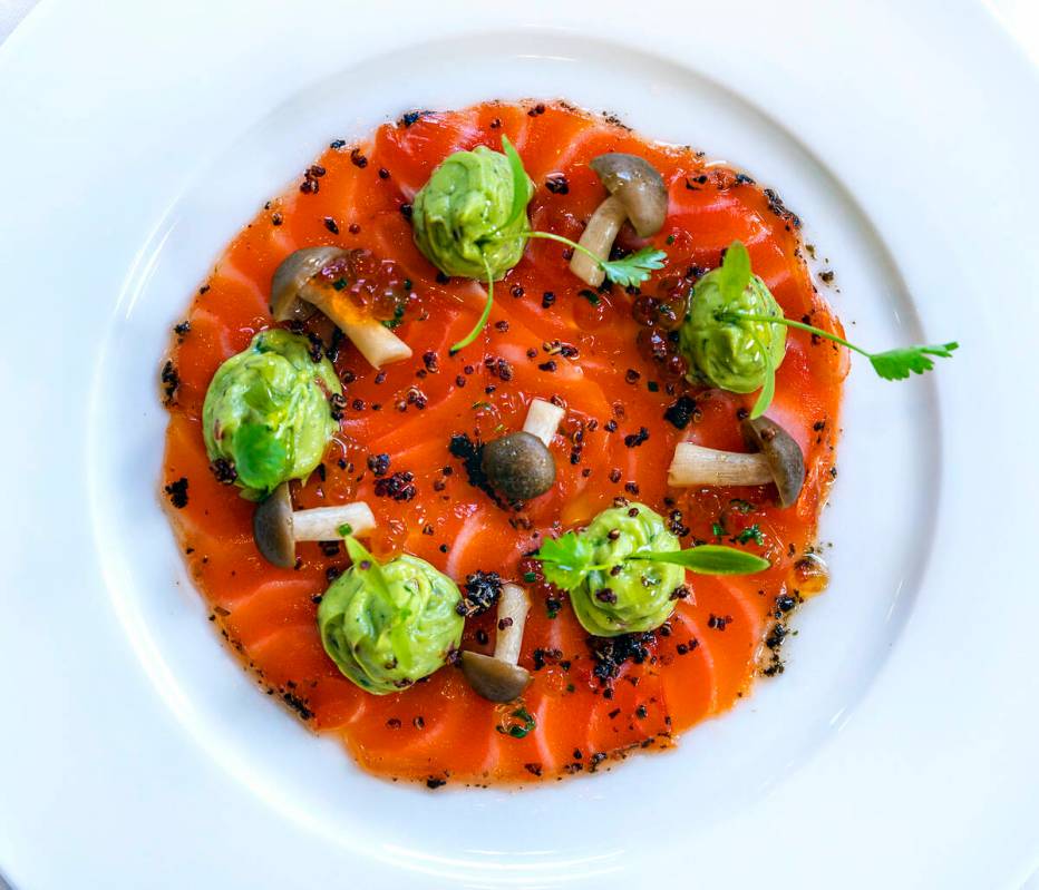 Salmon Carpaccio with tapenade crust, guacamole and Shimeji mushrooms during brunch at LPM with ...