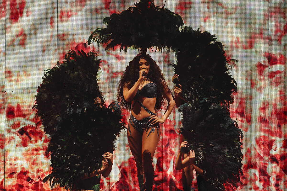 Megan Thee Stallion performs during the Hot girl Summer Tour at MGM Grand Garden Arena on Satur ...