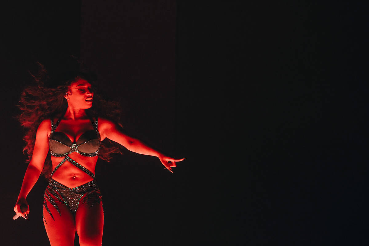 Megan Thee Stallion performs during the Hot girl Summer Tour at MGM Grand Garden Arena on Satur ...