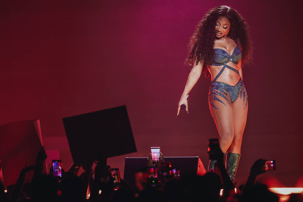 Megan Thee Stallion performs during the Hot girl Summer Tour at MGM Grand Garden Arena on Satur ...