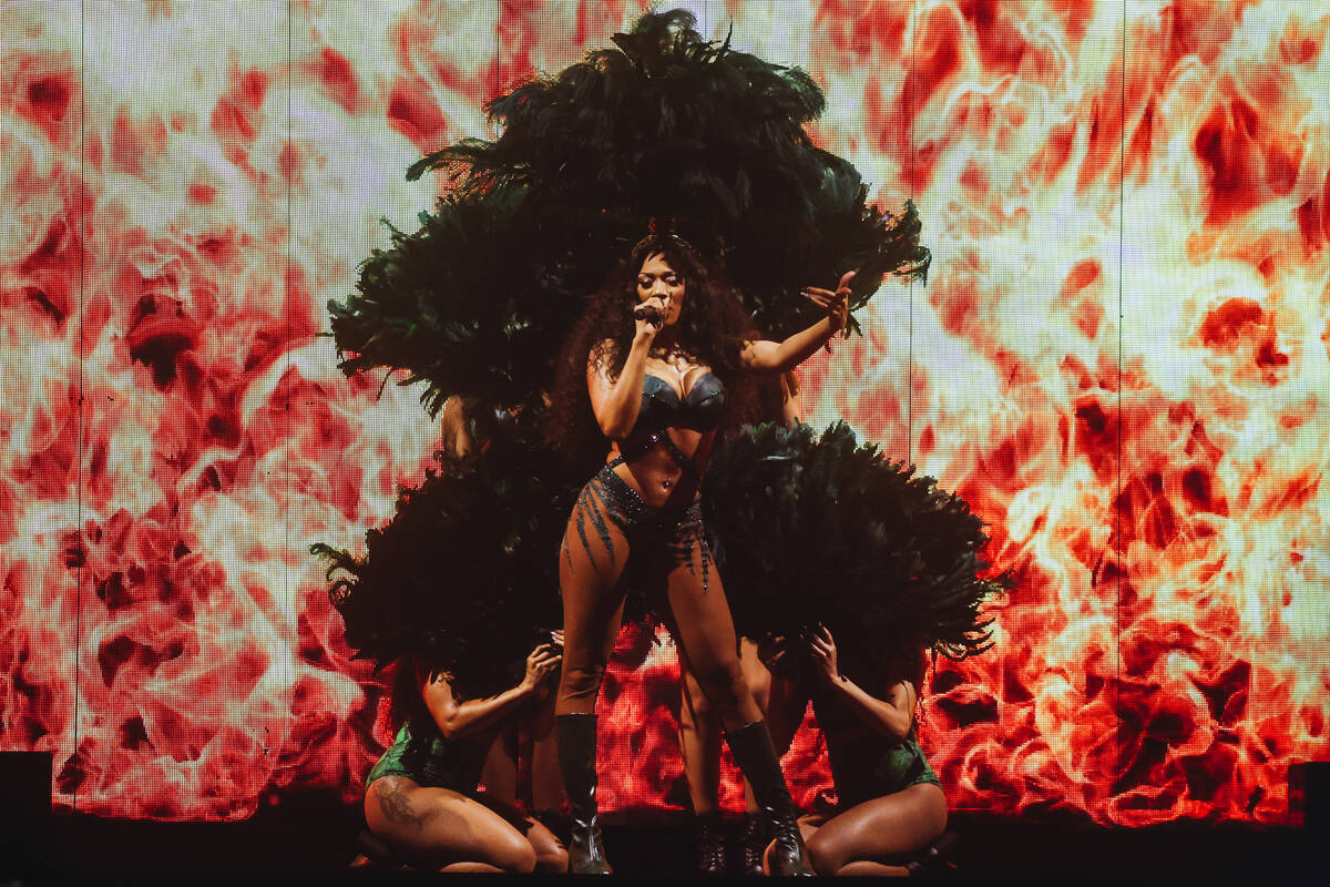 Megan Thee Stallion performs during the Hot girl Summer Tour at MGM Grand Garden Arena on Satur ...