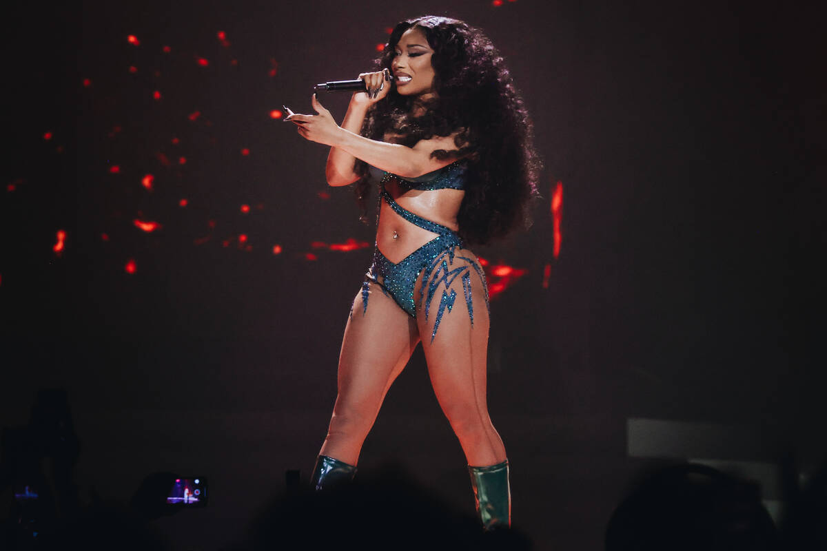 Megan Thee Stallion performs during the Hot girl Summer Tour at MGM Grand Garden Arena on Satur ...