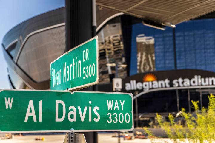 The sign for Al Davis Way at Dean Martin Drive recently went up outside Allegiant Stadium. Phot ...