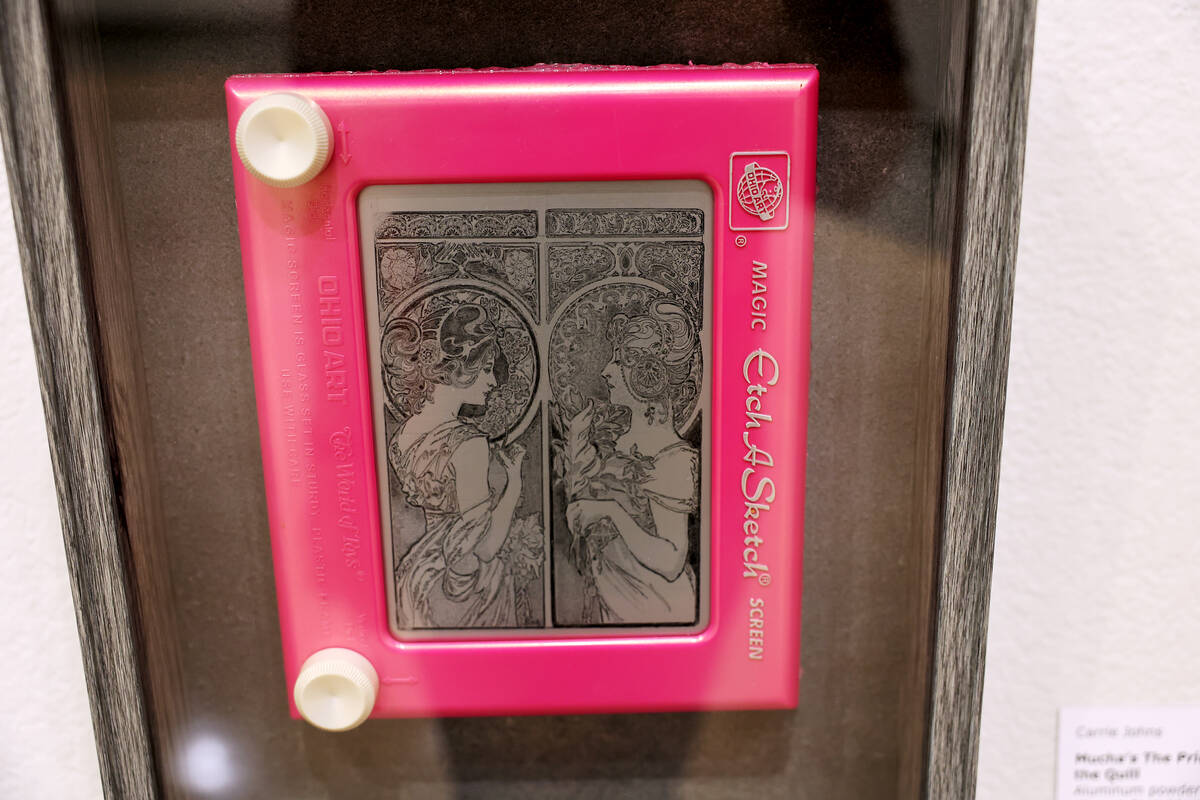 Works of art using Etch-A-Sketch toys, including Mucha’s The Primrose and Quill by Carri ...