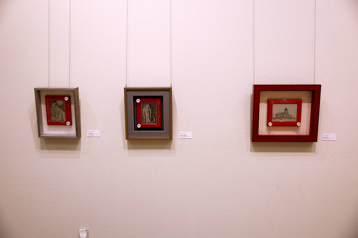 Works of art using Etch-A-Sketch toys, including from left, The Reach by Andrea Tilden, Study 8 ...