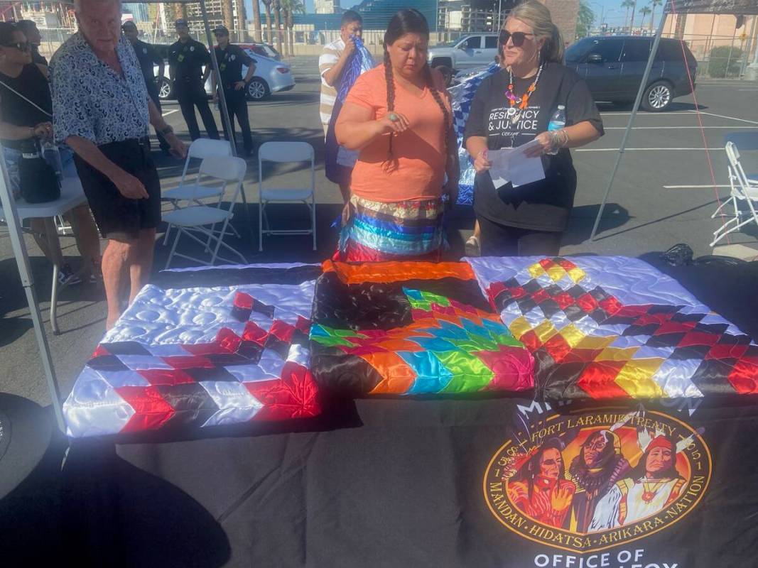 Dawn White, left, of MHA tribes and a Route 91 survivor, and Lorea Arostegui from the Resilienc ...