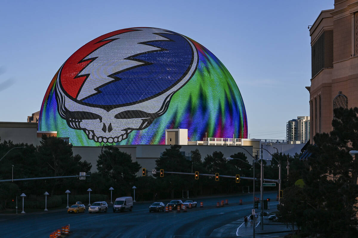 A graphic advertising upcoming Dead & Company shows is seen on the Sphere in Las Vegas Monday, ...