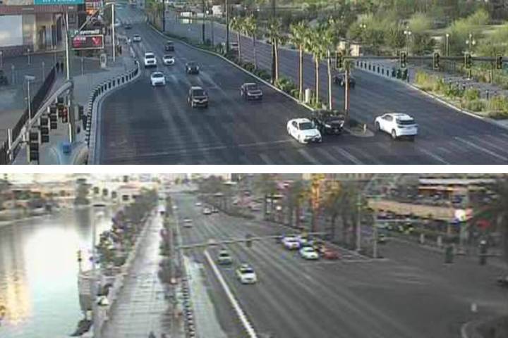 Vehicles use the Las Vegas Strip near Resorts World (top) and Bellagio on Wednesday, Jan. 1, 20 ...