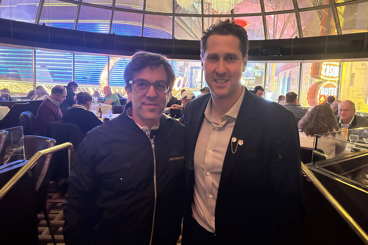 Actor B.J. Novak and Plaza CEO Johnathan Jossel are shown at Oscar's Steakhouse on Wednesdsay, ...