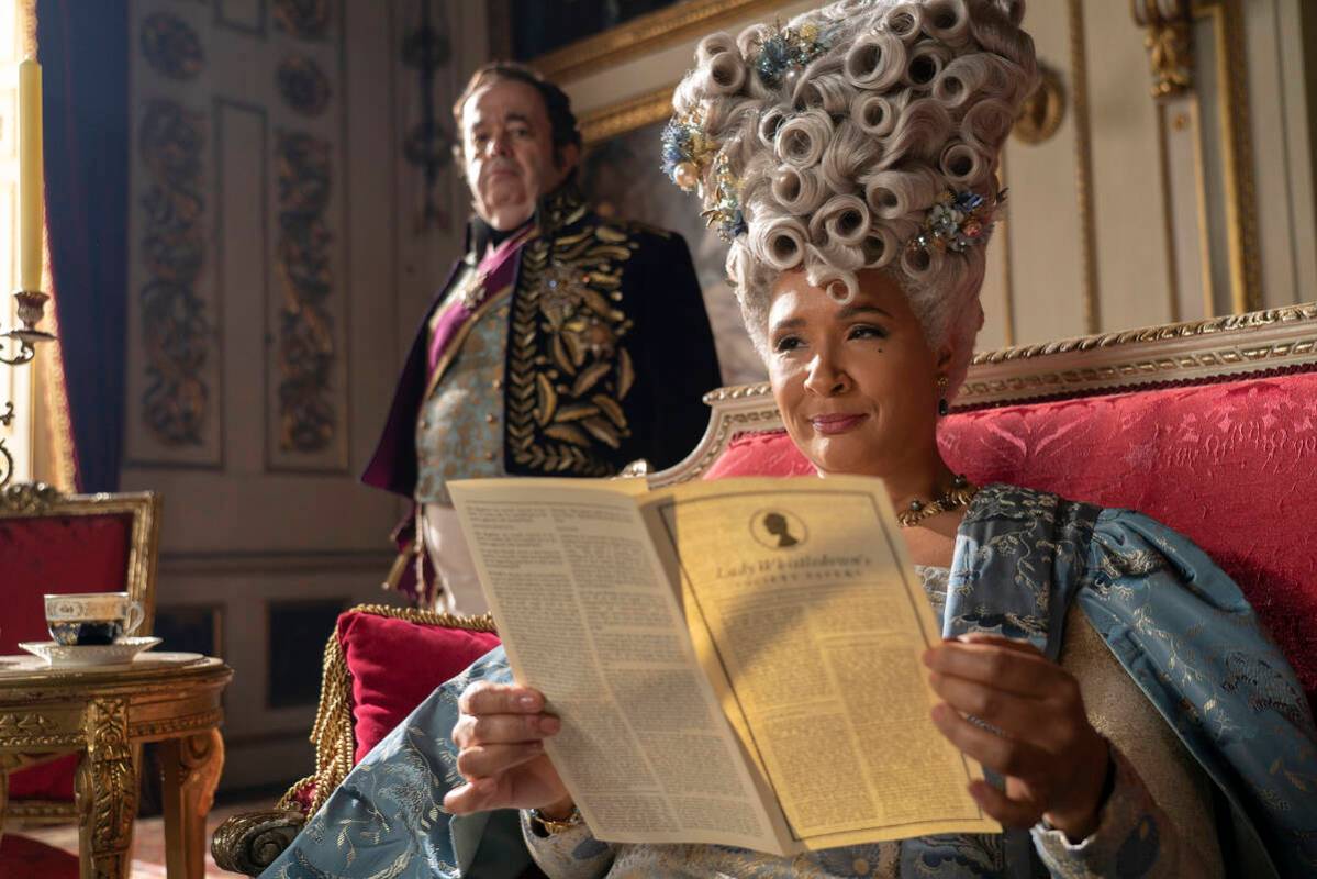 Hugh Sachs as Brimsley and Golda Rosheuvel as Queen Charlotte in a scene from Season 3 of &quot ...