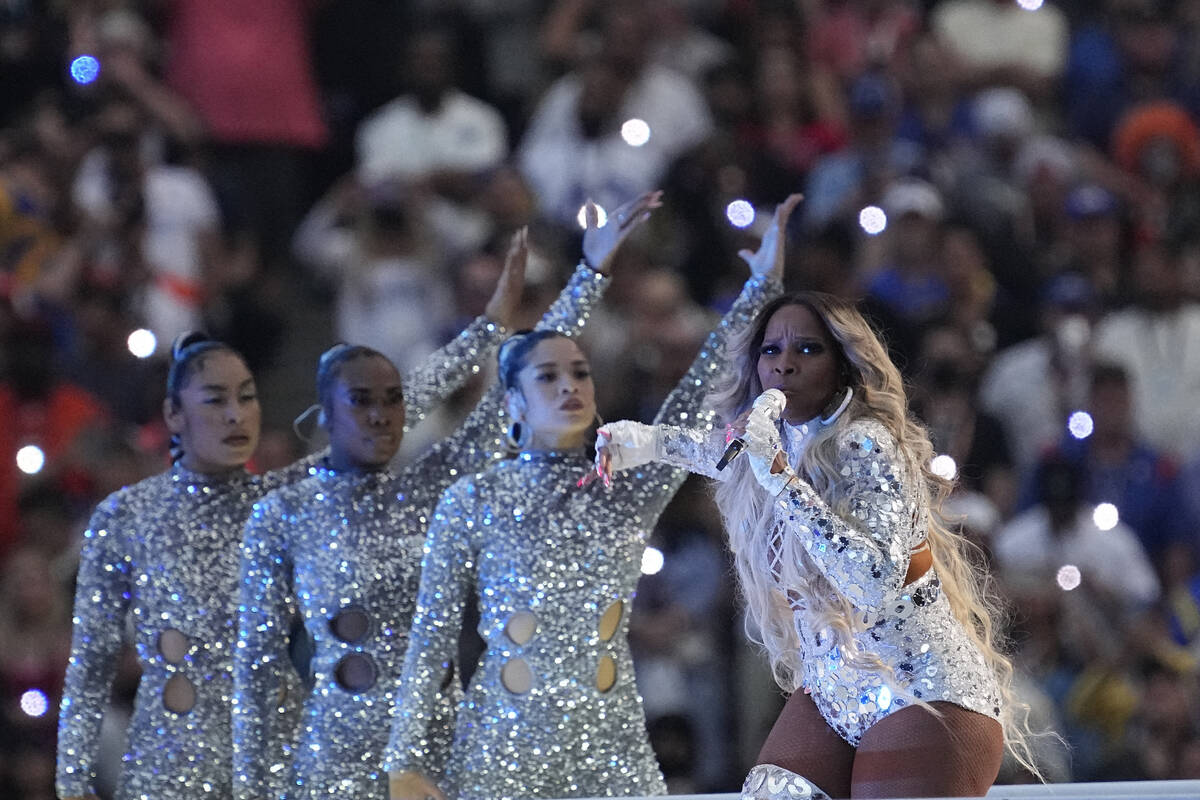 Mary J. Blige performs during halftime of the NFL Super Bowl 56 football game between the Los A ...