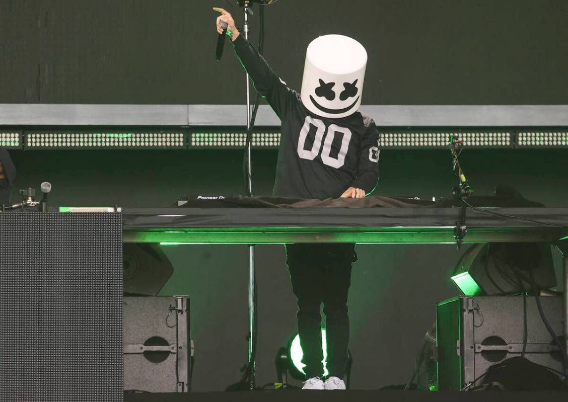 Marshmello performs during the third day of the NFL draft on Saturday, April 30, 2022, in Las V ...