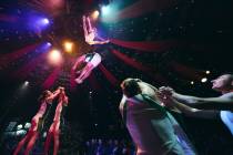The Lost Souls acrobatic team performs during “Absinthe’s” 12th anniversary a ...