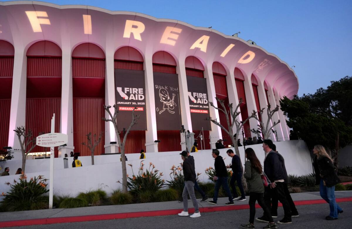 A general view of atmosphere is pictured outside the Forum prior to the FireAid benefit concert ...