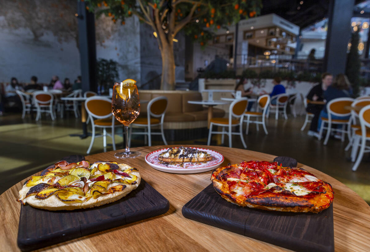 A Soppressata Pizza, Tartufo Bruschetta and Patate e Pancetta Pizza with Rosa Spritz from Eatal ...
