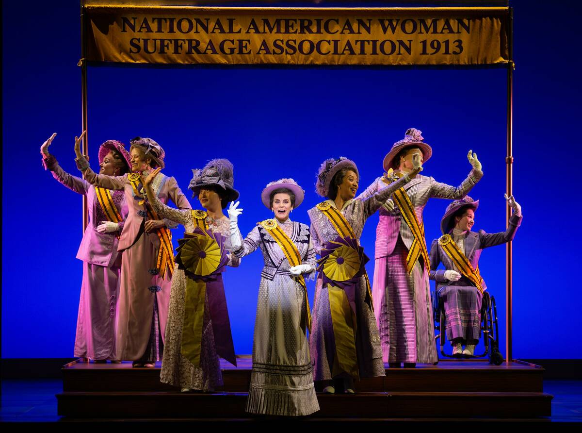 Jenn Colella as Carrie Chapman Catt and and the "Suffs" Broadway company. (Joan Marcus)