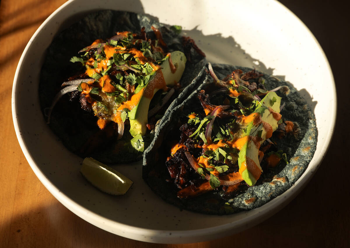 Mushroom tacos from Milpa, a Mexican restaurant in Las Vegas, Thursday, March 9, 2023. (Rachel ...