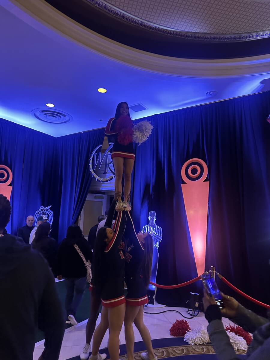 UNLV cheerleaders entertain the VIP crowd at Westgate's Super Pigskin Party on Sunday, Feb. 9, ...
