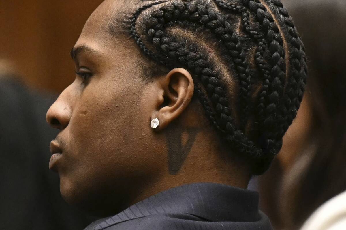 A$AP Rocky listens to closing arguments during his trial Thursday, Feb. 13, 2025, in Los Angele ...