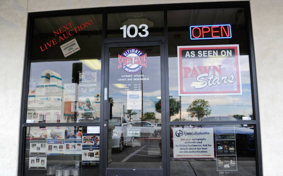 The entrance to Ultimate Sports Cards & Memorabilia, 3211 N. Tenaya Way, Las Vegas, is sho ...