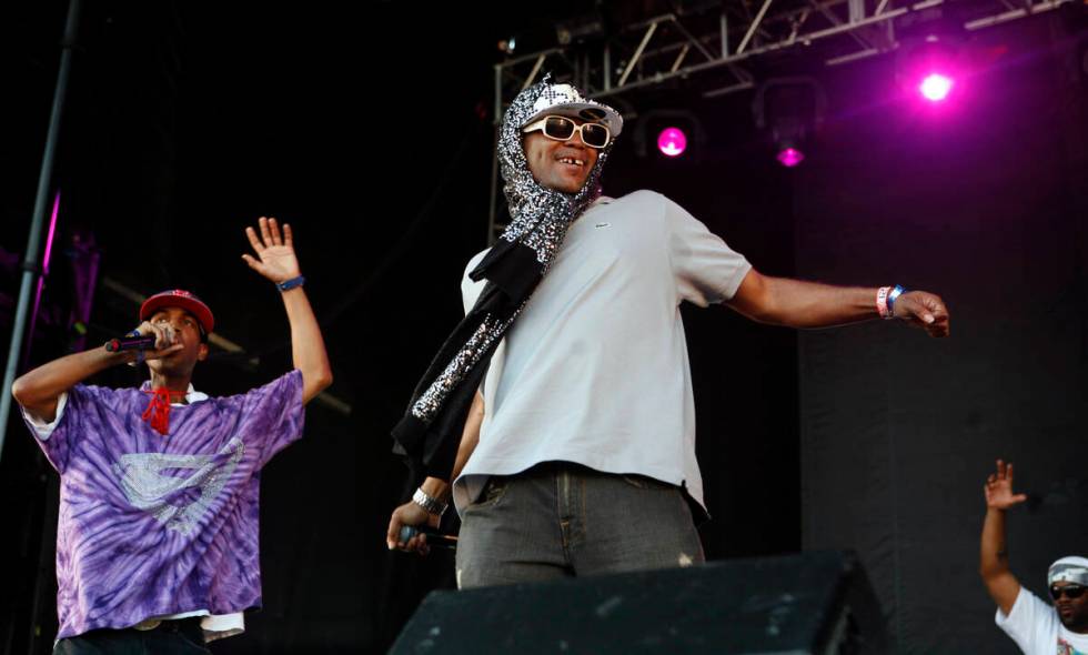 Rapper Kool Keith, center, performs during the All Points West music festival at Liberty State ...