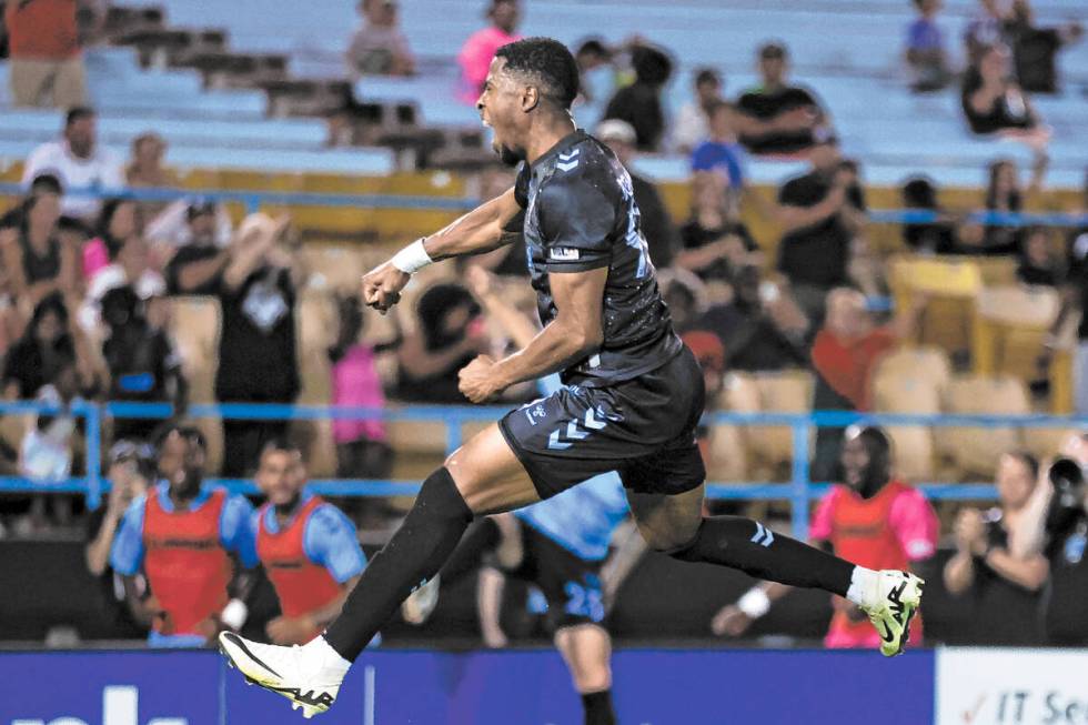 Las Vegas Lights FC forward Khori Bennett celebrates after scoring during a soccer match agains ...