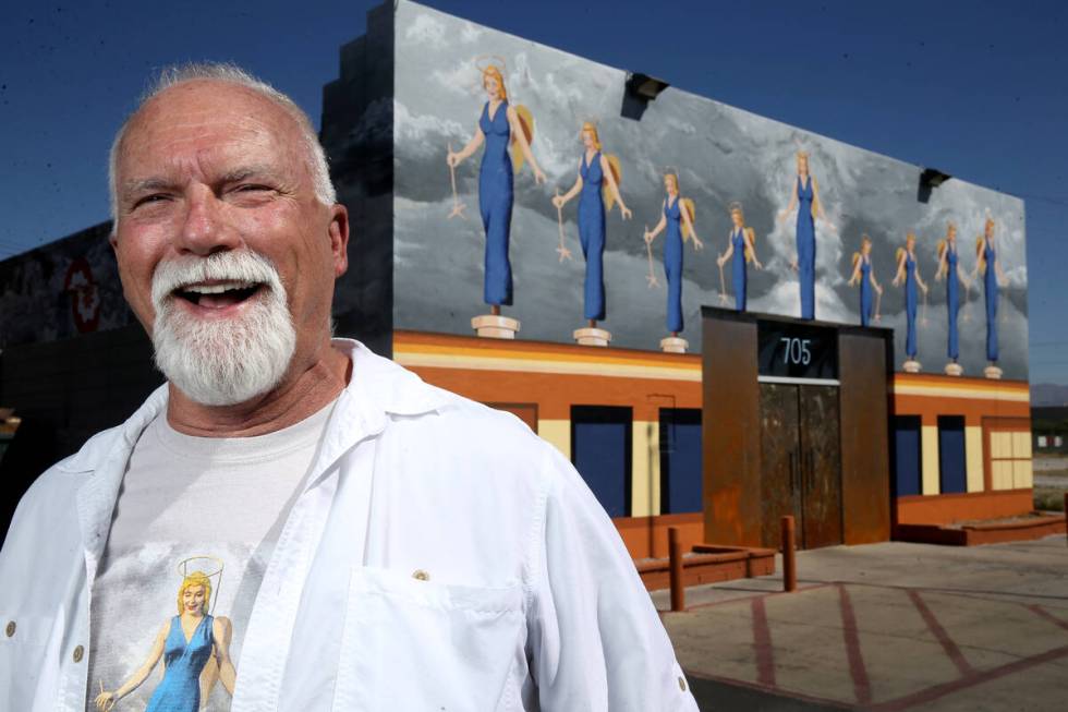 James Stanford with part of his mural, “A Phalanx of Angels Ascending” on the 705 B ...