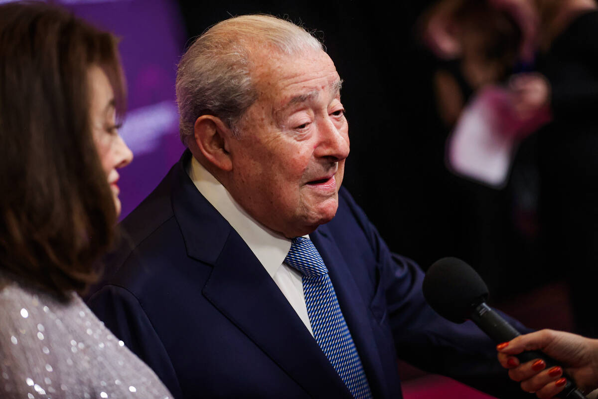 Bob Arum takes interviews on the red carpet at the Power of Love gala at the MGM Grand Garden A ...