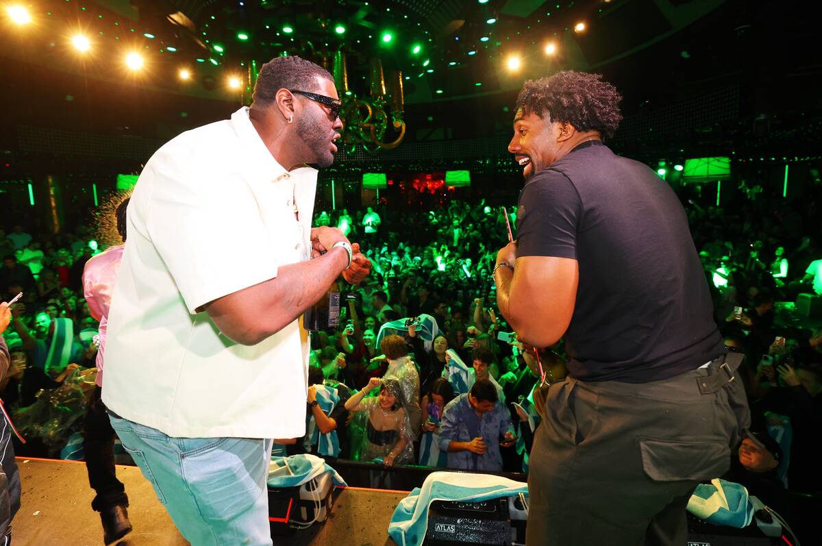 Mekhi Becton and Thomas Booker IV of the Super Bowl champion Philadelphia Eagles party at XS Ni ...