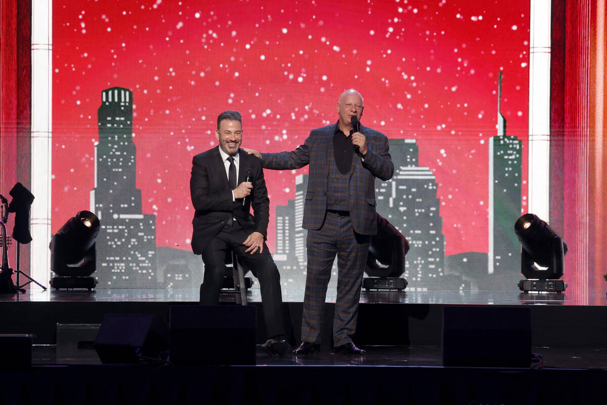 Jimmy Kimmel, from left, and Jeff Ross perform onstage as Keep Memory Alive hosts star-studded ...