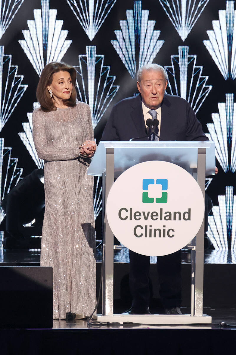 Lovee Arum, left and Bob Arum speak onstage as Keep Memory Alive hosts star-studded lineup at a ...