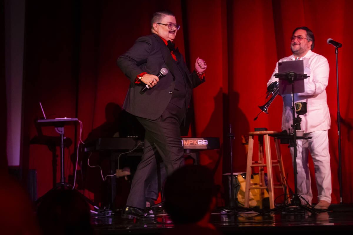 Comedian Murray Hill performs at the Plaza Showroom in a show presented by Mavericks on Monday, ...