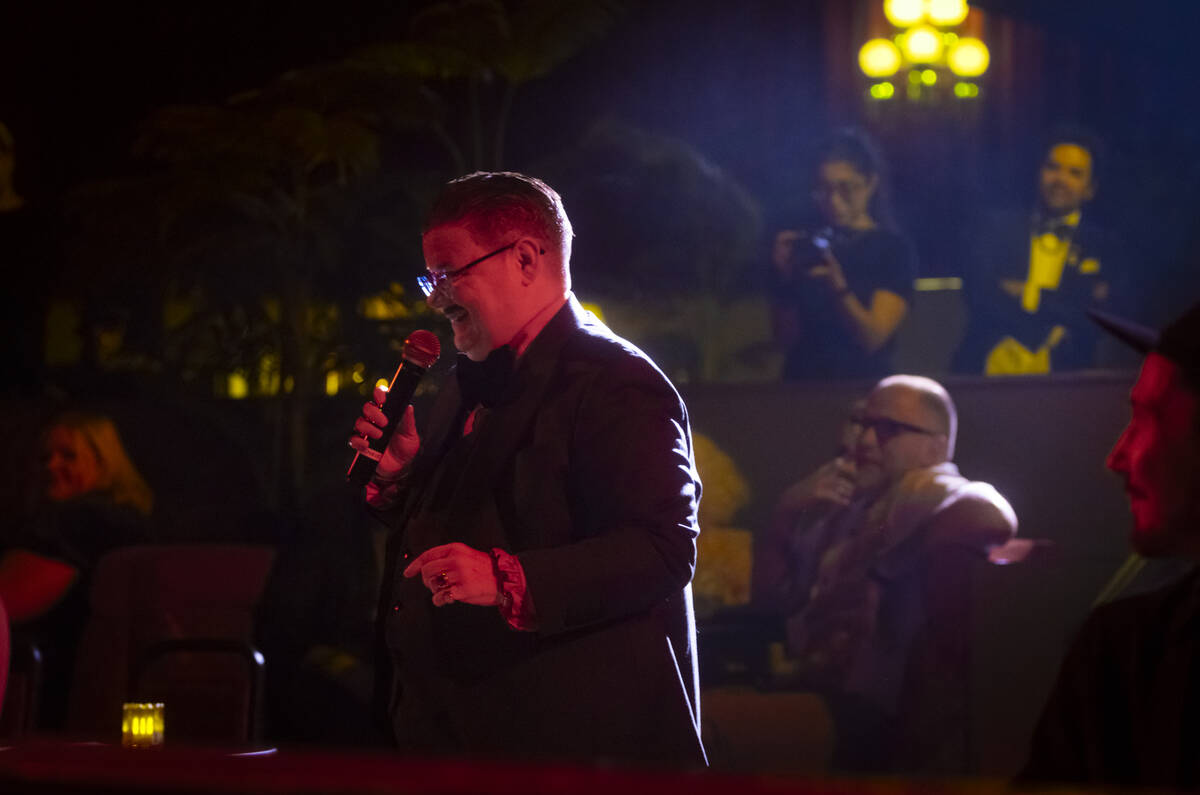 Comedian Murray Hill entertains the crowd at the Plaza Showroom in a show presented by Maverick ...