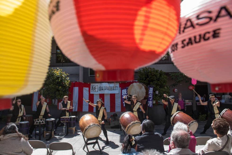 Traditional Japanese art drums ensemble Korabo Taiko performs during a Japanese Spring Festival ...