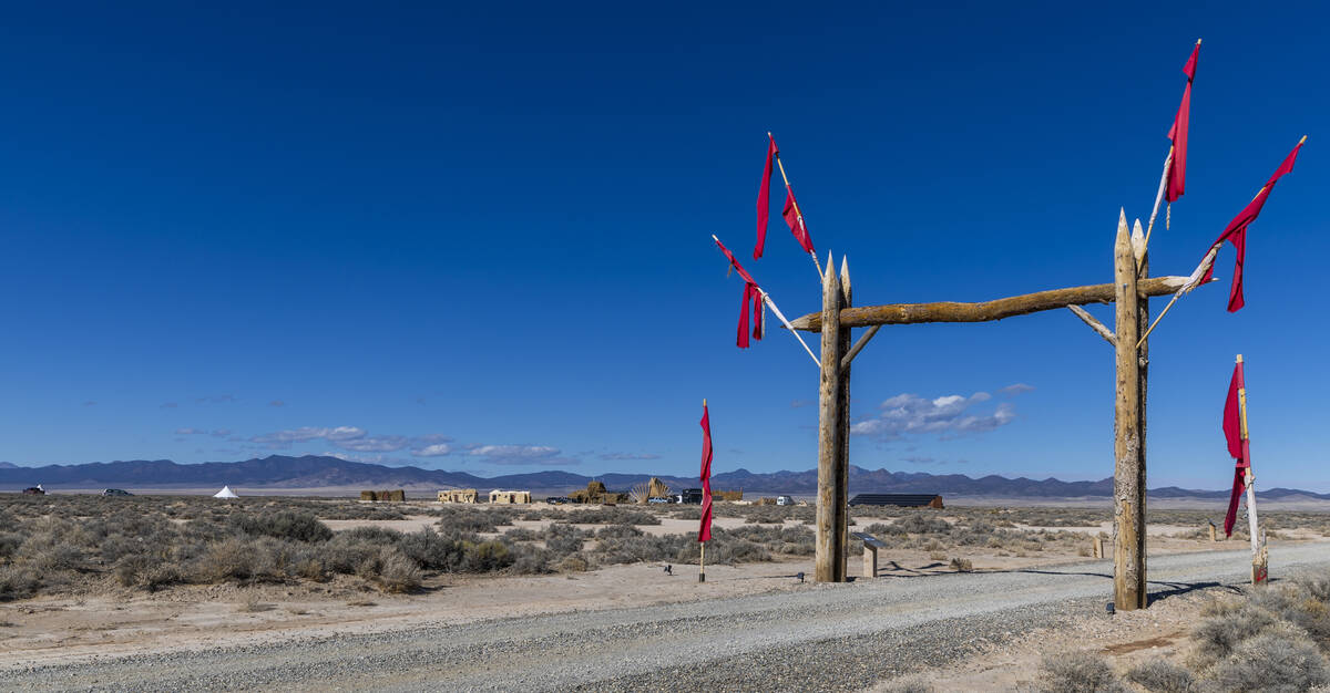 The entrance to Outpost X marked with red flags on Tuesday, Feb. 11, 2025 in Beryl, Utah. (L.E. ...