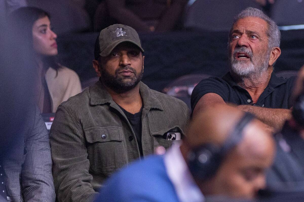 New FBI director Kash Patel with actor Mel Gibson at UFC 313 in the T-Mobile Arena on Saturday, ...